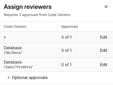 The Assign Reviewers drawer for a merge request that requires 3 Code Owner approvals, but has none. It shows one line per Code Owner rule, and one line per approval rule. Select reviewers for each rule.