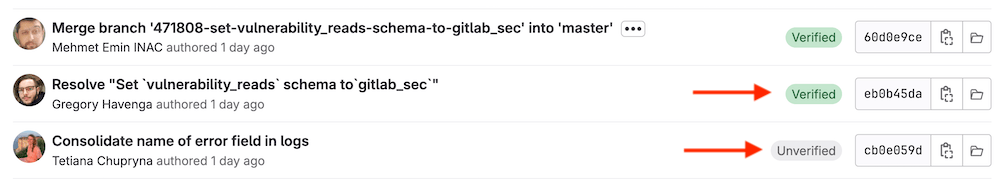 A list of commits with verified and unverified badges.